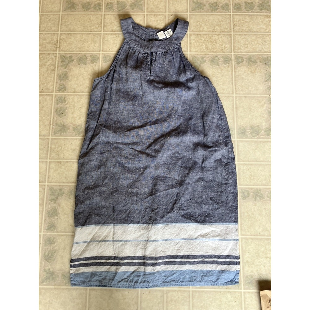 Artisan NY Blue Sleeveless Striped Round Neck‎ Linen Dress Small Capsule Neutral